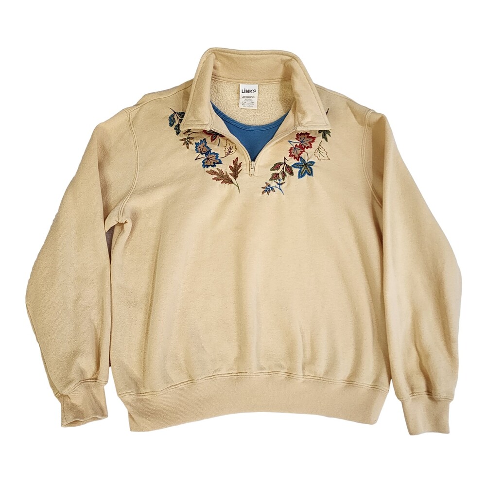 Vintage 1/4 Zip Sweater Shirt Women's Sz 8 Small Leaves Embroidered Granny #1346